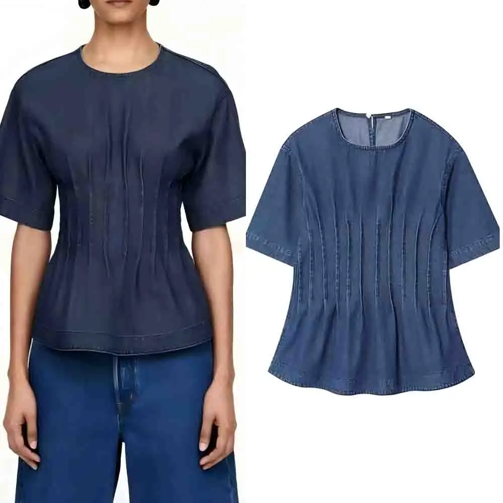 Women's new fashion pleated design casual O-Neck waist cinched denim top retro short sleeved women's pullover chic top
Women's new fashion pleated design casual O-Neck waist cinched denim top retro short sleeved women's pullover chic top