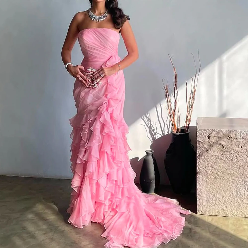 Fairy Pink Evening Dresses Strapless Sleeveless Mermaid Prom Dress Tiered Birthday Wedding Party Gown Customized robes de soirée
Fairy Pink Evening Dresses Strapless Sleeveless Mermaid Prom Dress Tiered Birthday Wedding Party Gown Customized robes de soirée