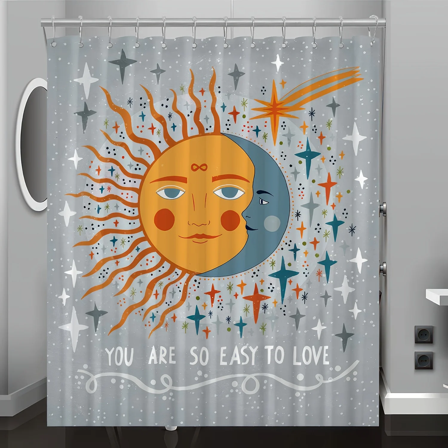 Занавеска для душа с цифровым принтом Sun & Moon Fashion Art — двусторонний полиэстер с крючками для всесезонного декора ванной комнаты
Занавеска для душа с цифровым принтом Sun & Moon Fashion Art — двусторонний полиэстер с крючками для всесезонного декора ванной комнаты