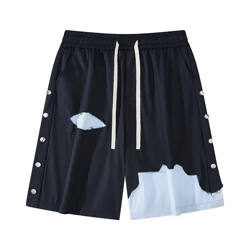 Men's Trendy Loose Fit Black Drawstring Shorts with Side Snap Buttons Distressed Holes and Color Blocked Vintage Workwear Pants
Men's Trendy Loose Fit Black Drawstring Shorts with Side Snap Buttons Distressed Holes and Color Blocked Vintage Workwear Pants