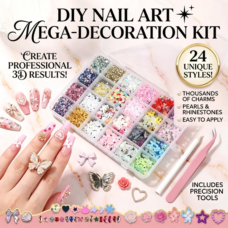 24 Grid Resin Nail Art Kit Mixed Charms Flowers Butterfly Heart Pearl DIY Nail Decoration Accessories Storage Box
24 Grid Resin Nail Art Kit Mixed Charms Flowers Butterfly Heart Pearl DIY Nail Decoration Accessories Storage Box