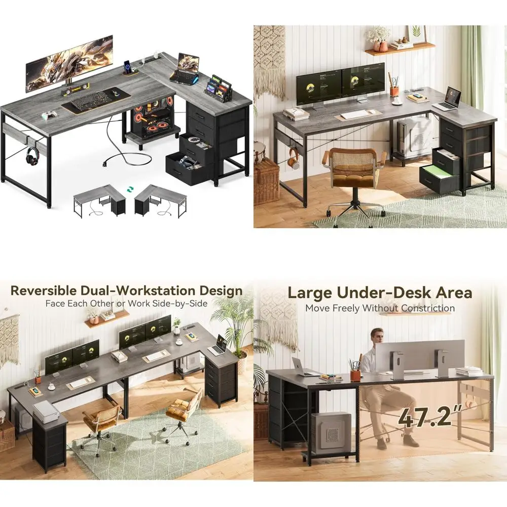 "61 Inch L-Shaped Desk with 4 Drawers, Reversible Corner Desk with Storage, Gaming Table featuring Power Outlets and USB Ports"
"61 Inch L-Shaped Desk with 4 Drawers, Reversible Corner Desk with Storage, Gaming Table featuring Power Outlets and USB Ports"