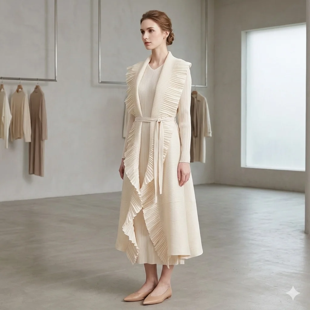 Miyake Pleated Ruffled Collar Cardigan Jacket with Elegant Sleeveless Dress Two-Piece Set for Women High-End Fashion Ensemble
Miyake Pleated Ruffled Collar Cardigan Jacket with Elegant Sleeveless Dress Two-Piece Set for Women High-End Fashion Ensemble