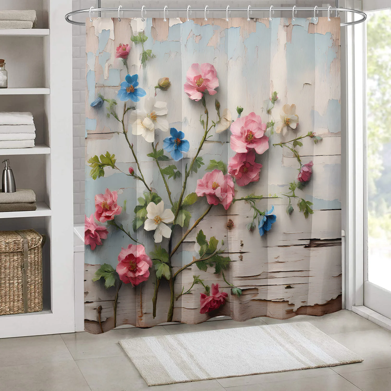 "1pc Pink & Blue Floral Shower Curtain - Wooden Board Print, Polyester, Hooks Included, 71x71", All-Season Home Decor
"1pc Pink & Blue Floral Shower Curtain - Wooden Board Print, Polyester, Hooks Included, 71x71", All-Season Home Decor