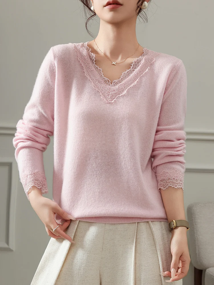 100% Merino Wool Women V-Neck Lace Sweater Spring Autumn Long Sleeve Pullover Solid Color Knitwear Female Clothing Grace Tops
100% Merino Wool Women V-Neck Lace Sweater Spring Autumn Long Sleeve Pullover Solid Color Knitwear Female Clothing Grace Tops
