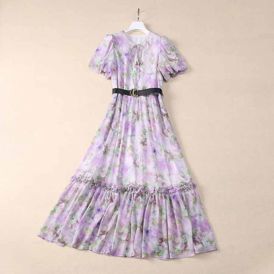 European and American women's clothing 2024 summer new Short sleeve puffed sleeve purple print Fashion belt dress
European and American women's clothing 2024 summer new Short sleeve puffed sleeve purple print Fashion belt dress