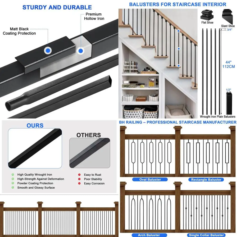 44-Inch Plain Wrought Iron Balusters, 1/2-Inch Hollow Square Spindles for Interior Stair Railings (Set of 30)
44-Inch Plain Wrought Iron Balusters, 1/2-Inch Hollow Square Spindles for Interior Stair Railings (Set of 30)