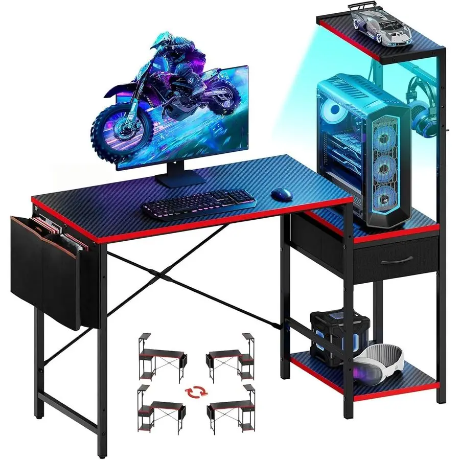 Gaming Desk with Drawer, 44 Inch Small Computer Desk with PC Shelf, Gaming Table with LED Lights for Small Spaces, Reversible G