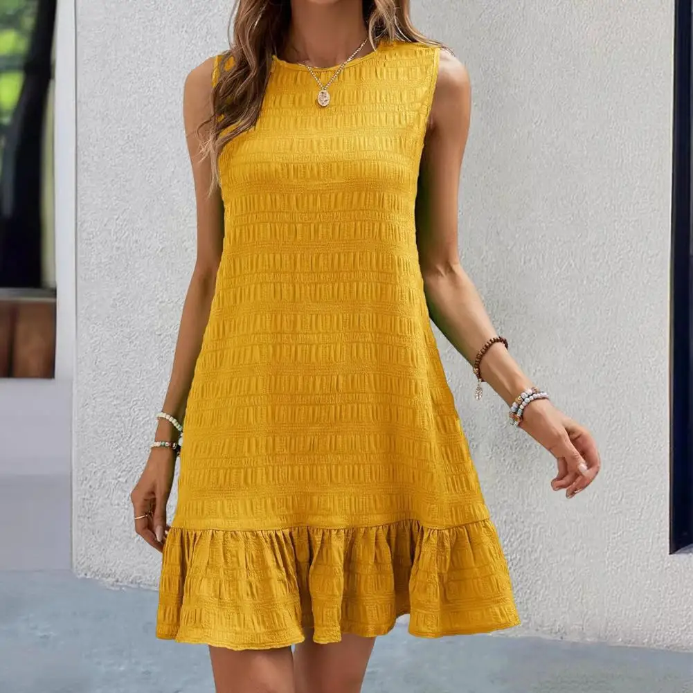 Summer Women Dress Pleated Ruffle Patchwork Hem Sleeveless A-line Short Dress Solid Color O Neck Loose Dress For Dating
Summer Women Dress Pleated Ruffle Patchwork Hem Sleeveless A-line Short Dress Solid Color O Neck Loose Dress For Dating