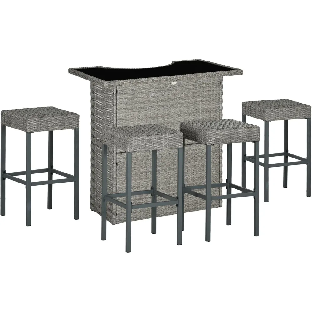 5 piece rattan bar set, high top outdoor table and chairs, bar height terrace set, glass top 2 level storage rack, and garden 
5 piece rattan bar set, high top outdoor table and chairs, bar height terrace set, glass top 2 level storage rack, and garden