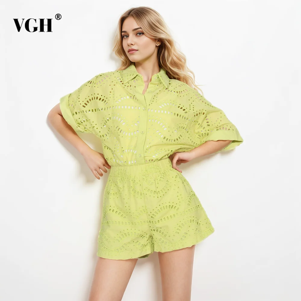 VGH Hollow Out Two Piece Sets For Women Lapel Short Sleeve Spliced Button Shirts High Waist Loose Shorts Embroidery Set Female
VGH Hollow Out Two Piece Sets For Women Lapel Short Sleeve Spliced Button Shirts High Waist Loose Shorts Embroidery Set Female