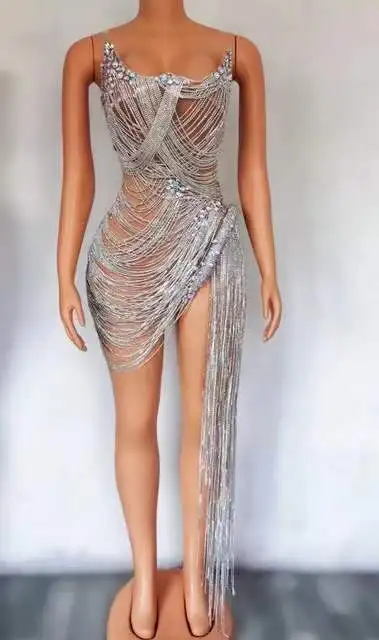 Luxurious Silver Crystals Chains Black Nude MESH Dress Fashion Evening PARTY Performance See Through Costume AB Rhinestones
Luxurious Silver Crystals Chains Black Nude MESH Dress Fashion Evening PARTY Performance See Through Costume AB Rhinestones