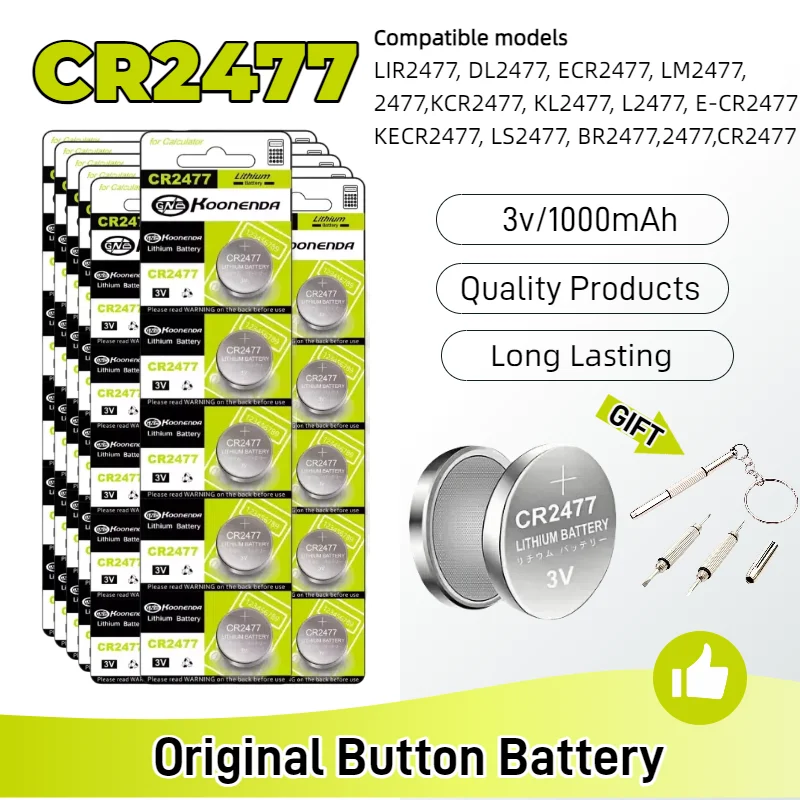 5-100PCS CR2477 3V Lithium Button Battery Watch DL2477 ECR2477 KCR2477 Buttton Coin Cells for Car Remote Control Motherboard
5-100PCS CR2477 3V Lithium Button Battery Watch DL2477 ECR2477 KCR2477 Buttton Coin Cells for Car Remote Control Motherboard