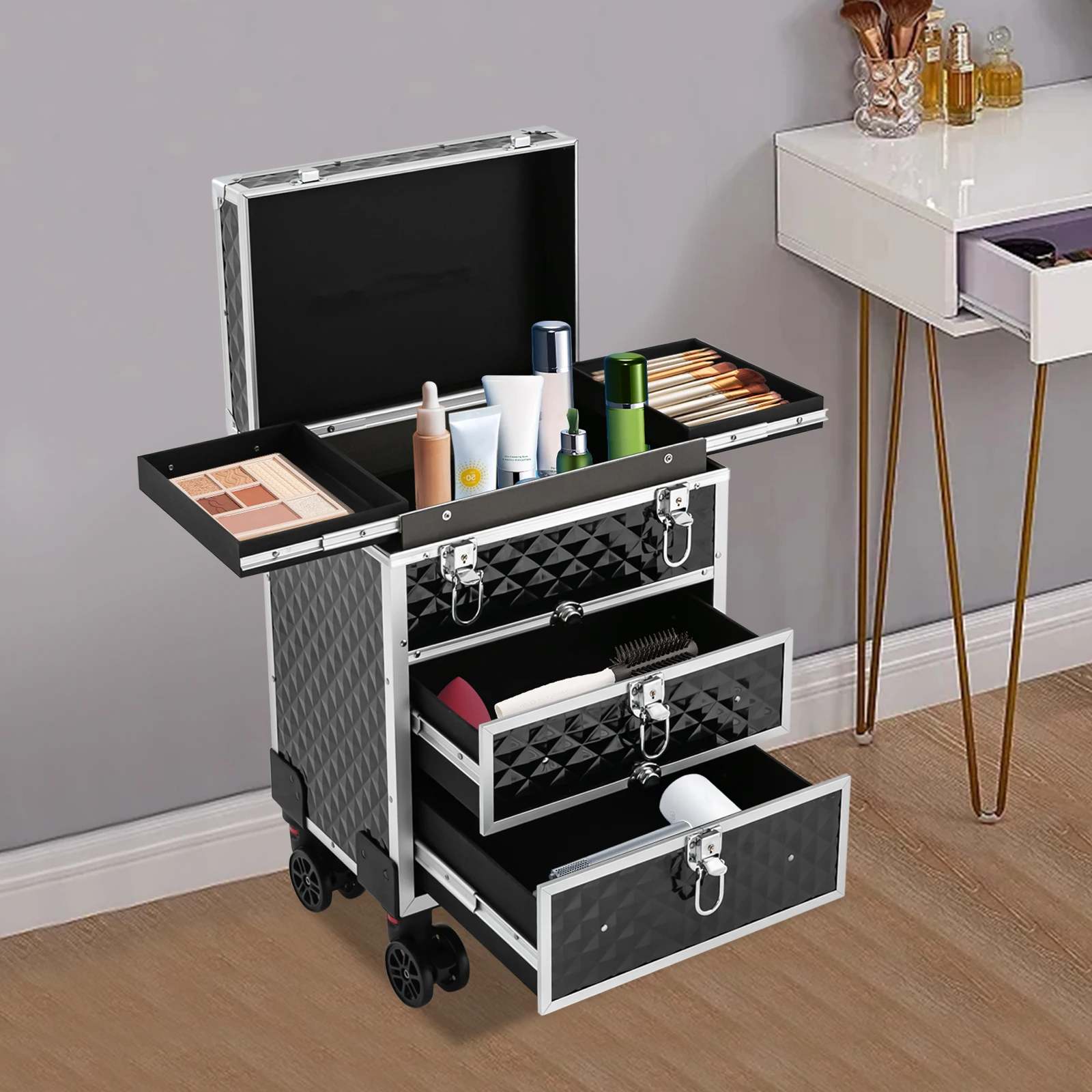 Large-Capacity Black Rolling Makeup Case - 2 Side Extended Trays+2 Bottom Drawers+Middle Compartment, Smooth Tracks
Large-Capacity Black Rolling Makeup Case - 2 Side Extended Trays+2 Bottom Drawers+Middle Compartment, Smooth Tracks