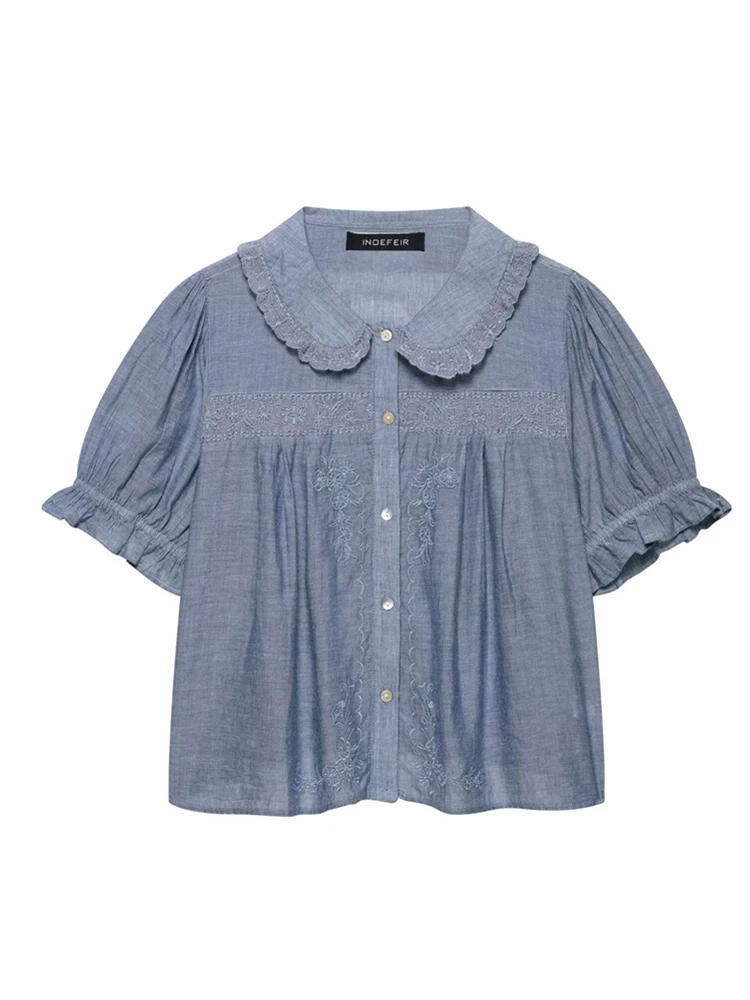 BANA Художественная вышивка ort Sve irt Тонкий кукольный воротник Топ OL Sle Commute Wind Прямая трубка Другой материал Лето 2025 г. 
BANA Художественная вышивка ort Sve irt Тонкий кукольный воротник Топ OL Sle Commute Wind Прямая трубка Другой материал Лето 2025 г.