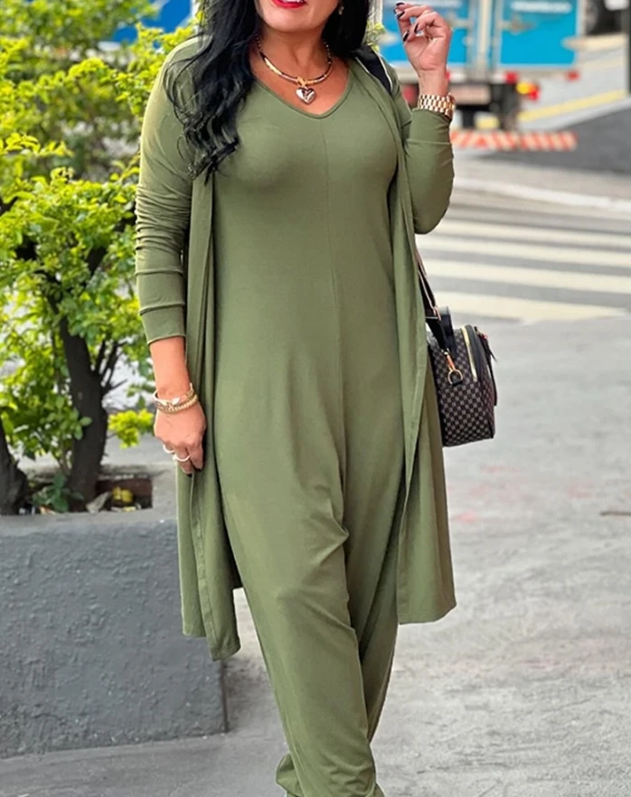 New In Stock V-Neck Sleeveless Jumpsuit and Front Open Long Sleeved Casual Hot Selling Open Coat Set
New In Stock V-Neck Sleeveless Jumpsuit and Front Open Long Sleeved Casual Hot Selling Open Coat Set