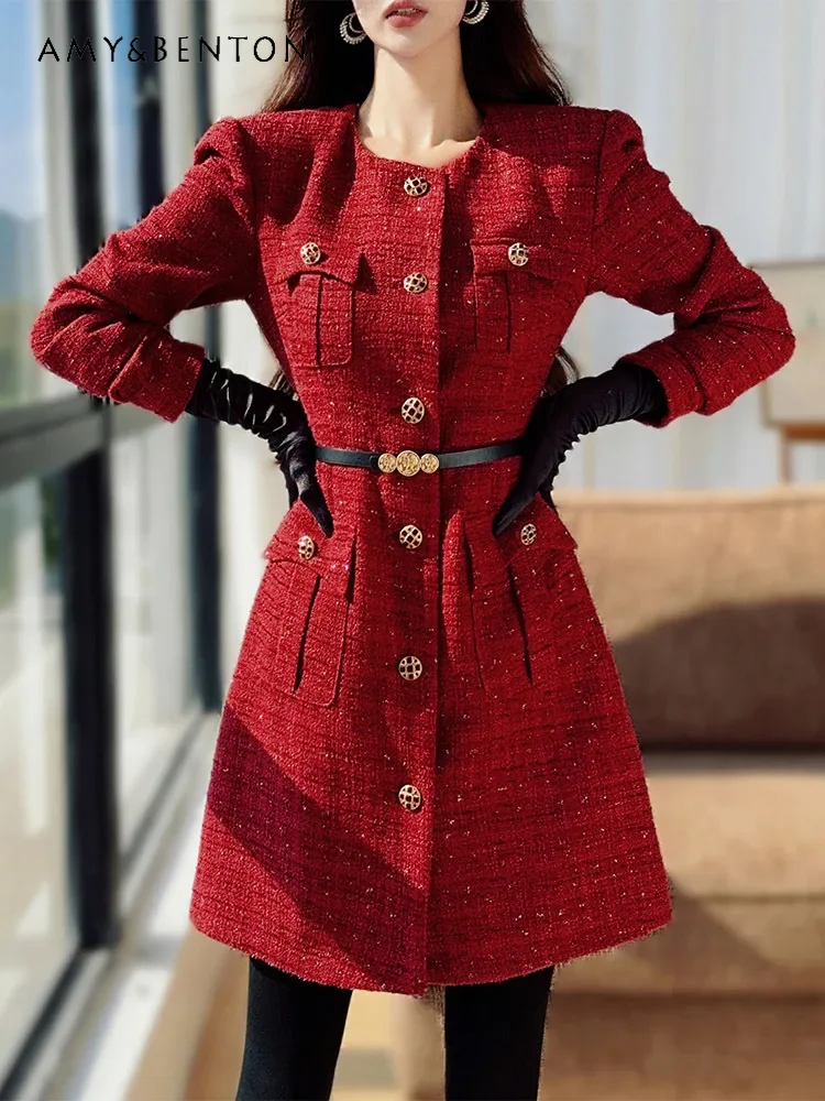 Autumn New French Graceful Retro Burgundy Round Neck Belt Slim Dress for Women High-end Temperament Socialite Tweed Dress Female
Autumn New French Graceful Retro Burgundy Round Neck Belt Slim Dress for Women High-end Temperament Socialite Tweed Dress Female