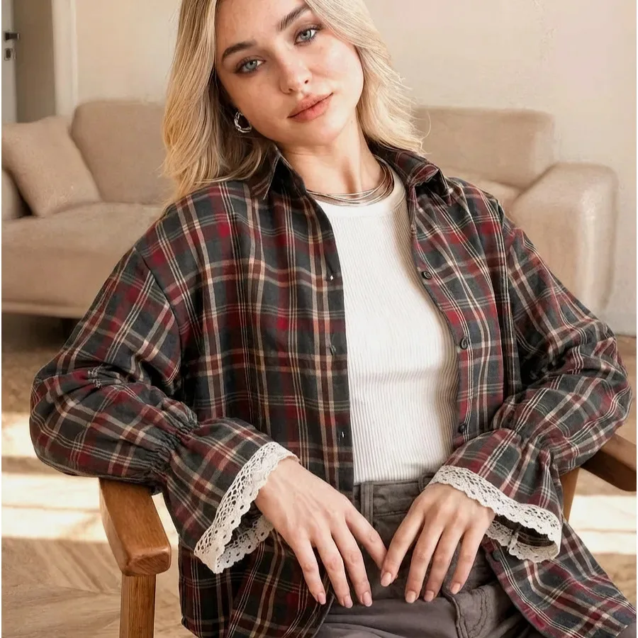 Fashion Plaid Shirt Women Autumn Lace Long Sleeve Top Female Vintage Single Breasted Blouse Lady Preppy Style Loose Check Shirts
Fashion Plaid Shirt Women Autumn Lace Long Sleeve Top Female Vintage Single Breasted Blouse Lady Preppy Style Loose Check Shirts