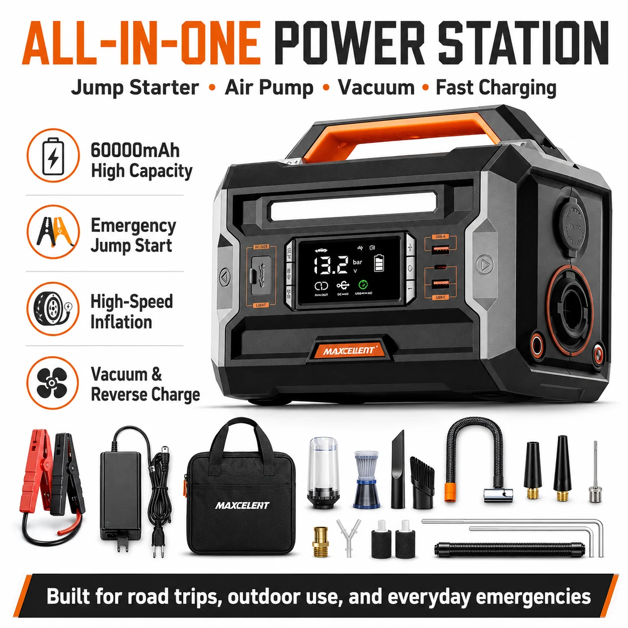 All-in-One Car Jump Starter with Air Pump & Fishing Light Outdoor Power
All-in-One Car Jump Starter with Air Pump & Fishing Light Outdoor Power