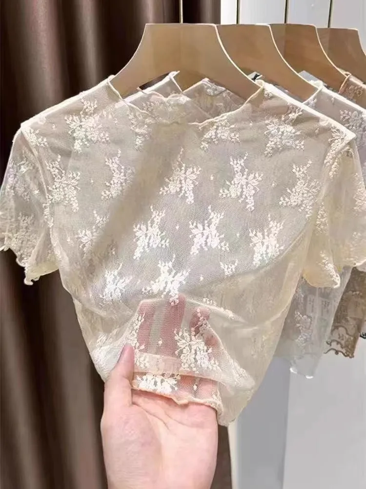 Summer Thin Short Sleeve Lace Blouse Women's Base Shirt Mesh Cover up Camisole Transparent Design Short Length Belly Baring
Summer Thin Short Sleeve Lace Blouse Women's Base Shirt Mesh Cover up Camisole Transparent Design Short Length Belly Baring