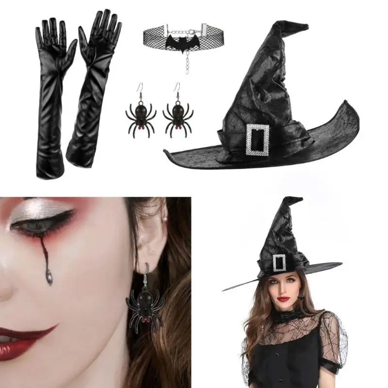 652F Halloween Witch Costume Hat Gloves Earrings Choker Set Party Hat Ruched Wizard Hat Unisex Witch Cosplay Costume Set
652F Halloween Witch Costume Hat Gloves Earrings Choker Set Party Hat Ruched Wizard Hat Unisex Witch Cosplay Costume Set