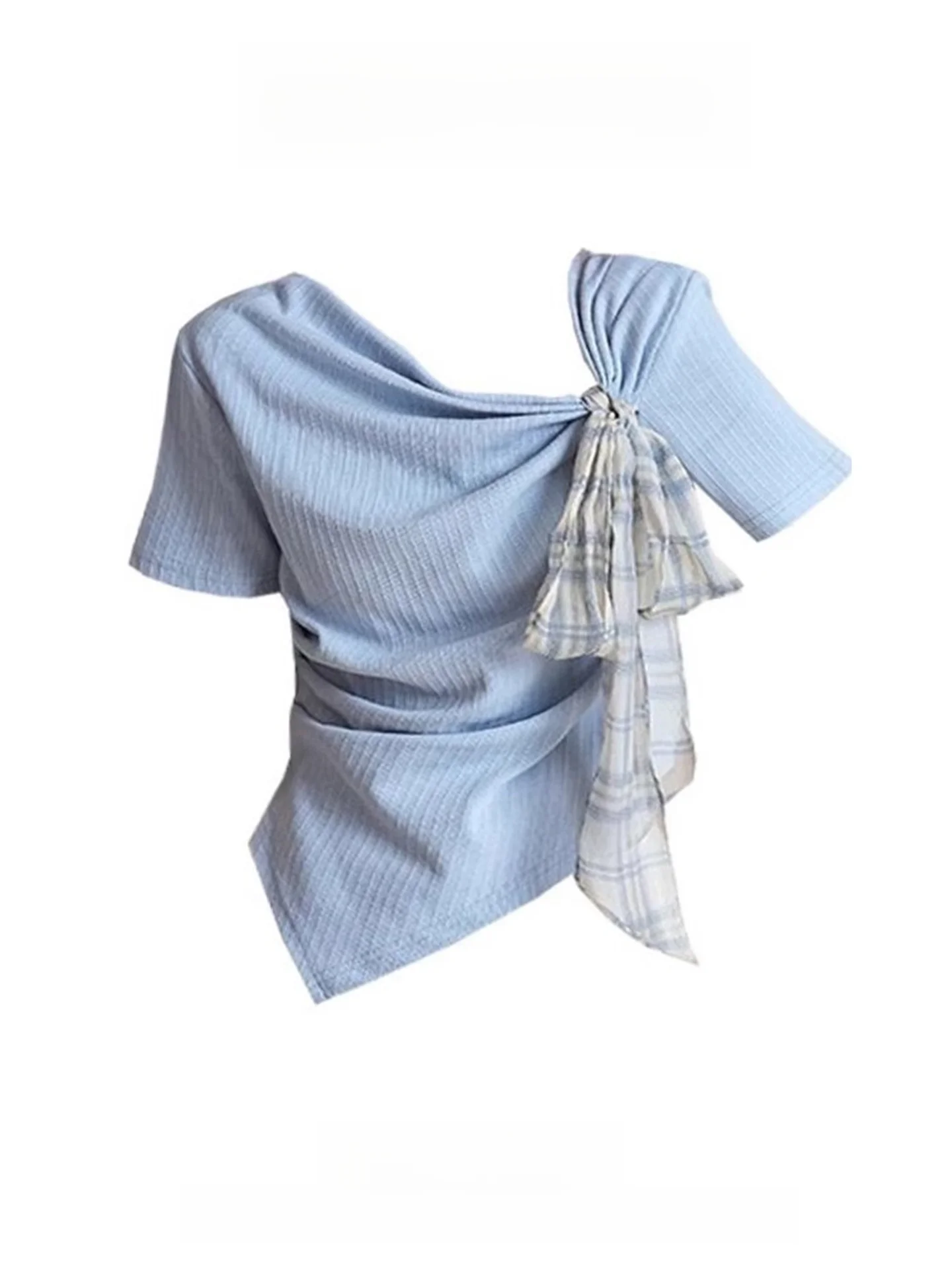 Летняя дизайнерская футболка с узлом ort Sve Женская модная плиссированная талия Синий топ неправильной длины
Летняя дизайнерская футболка с узлом ort Sve Женская модная плиссированная талия Синий топ неправильной длины