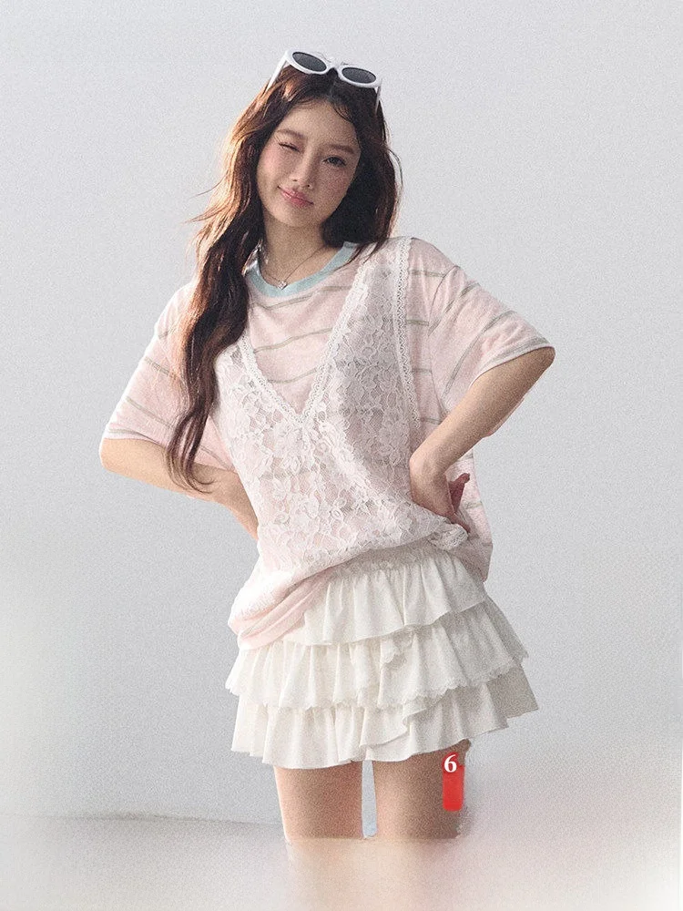 Sweet Striped Cream Knitted Loose Short Sleeve Cake Skirt Set Two-Piece Set Summer Fashion Women's Loose Fit Sweet Style
Sweet Striped Cream Knitted Loose Short Sleeve Cake Skirt Set Two-Piece Set Summer Fashion Women's Loose Fit Sweet Style