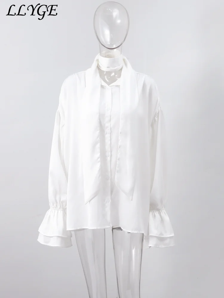 Elegant Women's Scarf Collar Shirts Long Flare Sleeve Single Breasted Female Blouses 2025 Spring Summer Lady Loose Streetwear
Elegant Women's Scarf Collar Shirts Long Flare Sleeve Single Breasted Female Blouses 2025 Spring Summer Lady Loose Streetwear