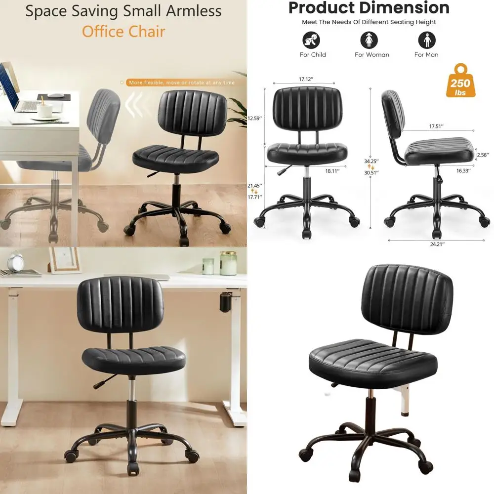 Вращающееся рабочее кресло с регулируемой высотой и поясничной опорой, без подлокотников, из искусственной кожи, 360° ° Компьютерный стул на колесиках для дома и офиса, черный
Вращающееся рабочее кресло с регулируемой высотой и поясничной опорой, без подлокотников, из искусственной кожи, 360° ° Компьютерный стул на колесиках для дома и офиса, черный