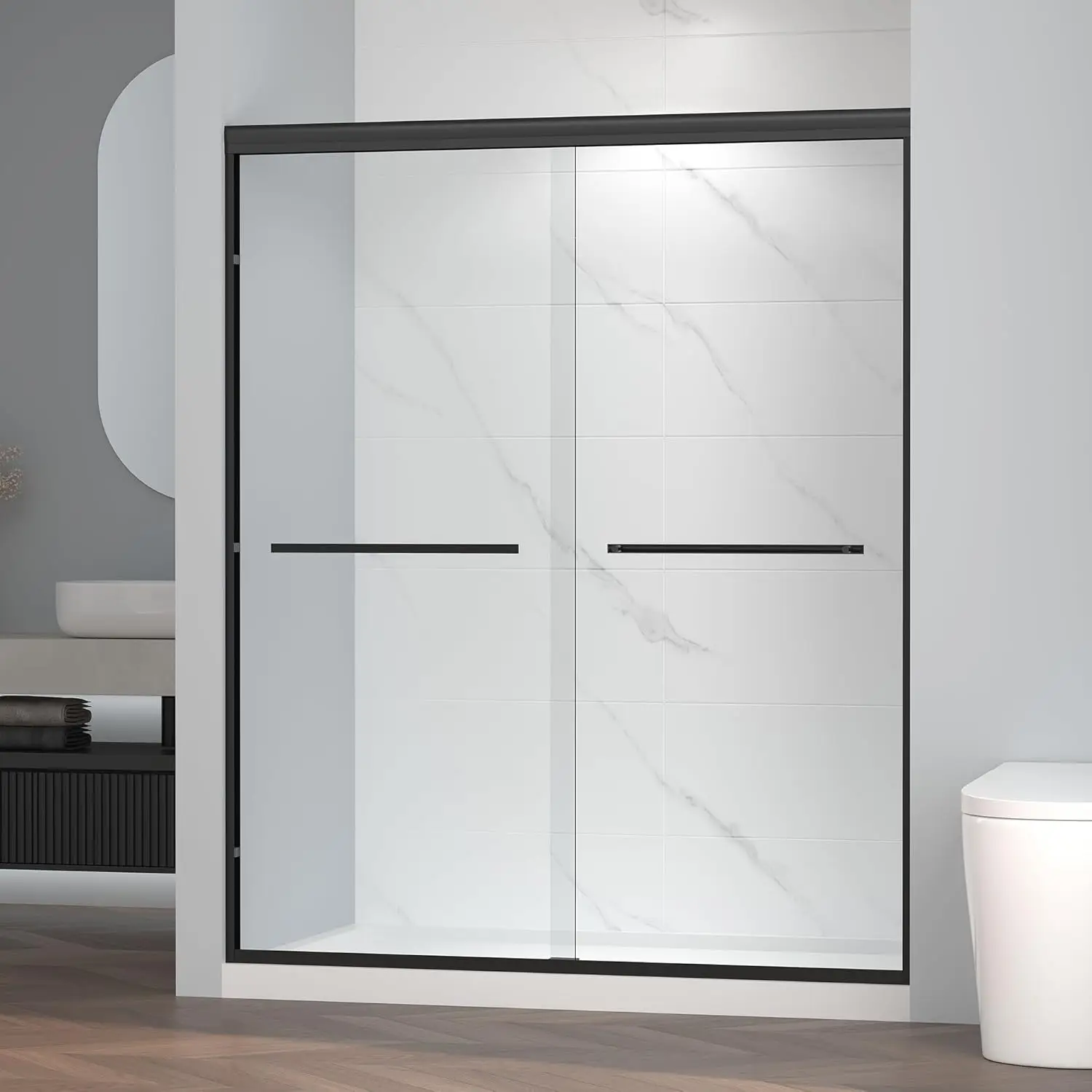56-60" W x 72" H Semi-Frameless Bypass Sliding Shower Door, Easy-to-Clean Treated Clear Tempered Glass, Matte Black
56-60" W x 72" H Semi-Frameless Bypass Sliding Shower Door, Easy-to-Clean Treated Clear Tempered Glass, Matte Black