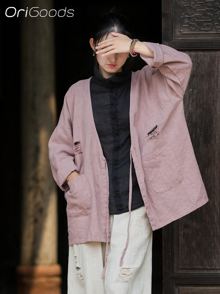 OriGoods, пальто-кимоно большого размера, женское осеннее пальто 2025, новое кимоно с длинными рукавами, блузка, рубашка, свободные топы в японском стиле дзен с отверстиями B329 
OriGoods, пальто-кимоно большого размера, женское осеннее пальто 2025, новое кимоно с длинными рукавами, блузка, рубашка, свободные топы в японском стиле дзен с отверстиями B329