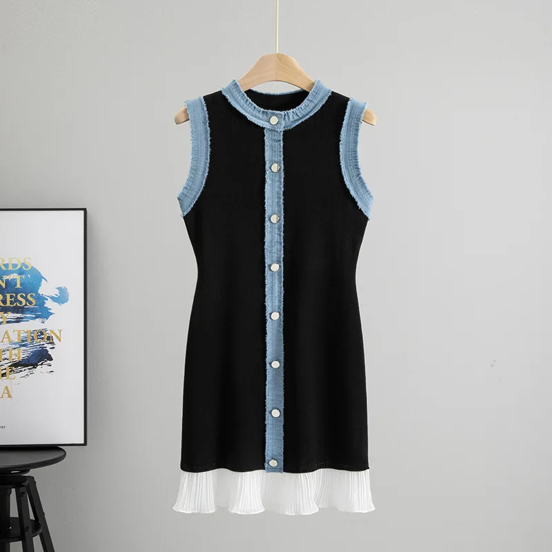 Women Elegant Pleated Patchwork Knitted Mini Dress Lady Round Neck Sleeveless Single Breasted Short Dresses Fashion Vestido
Women Elegant Pleated Patchwork Knitted Mini Dress Lady Round Neck Sleeveless Single Breasted Short Dresses Fashion Vestido