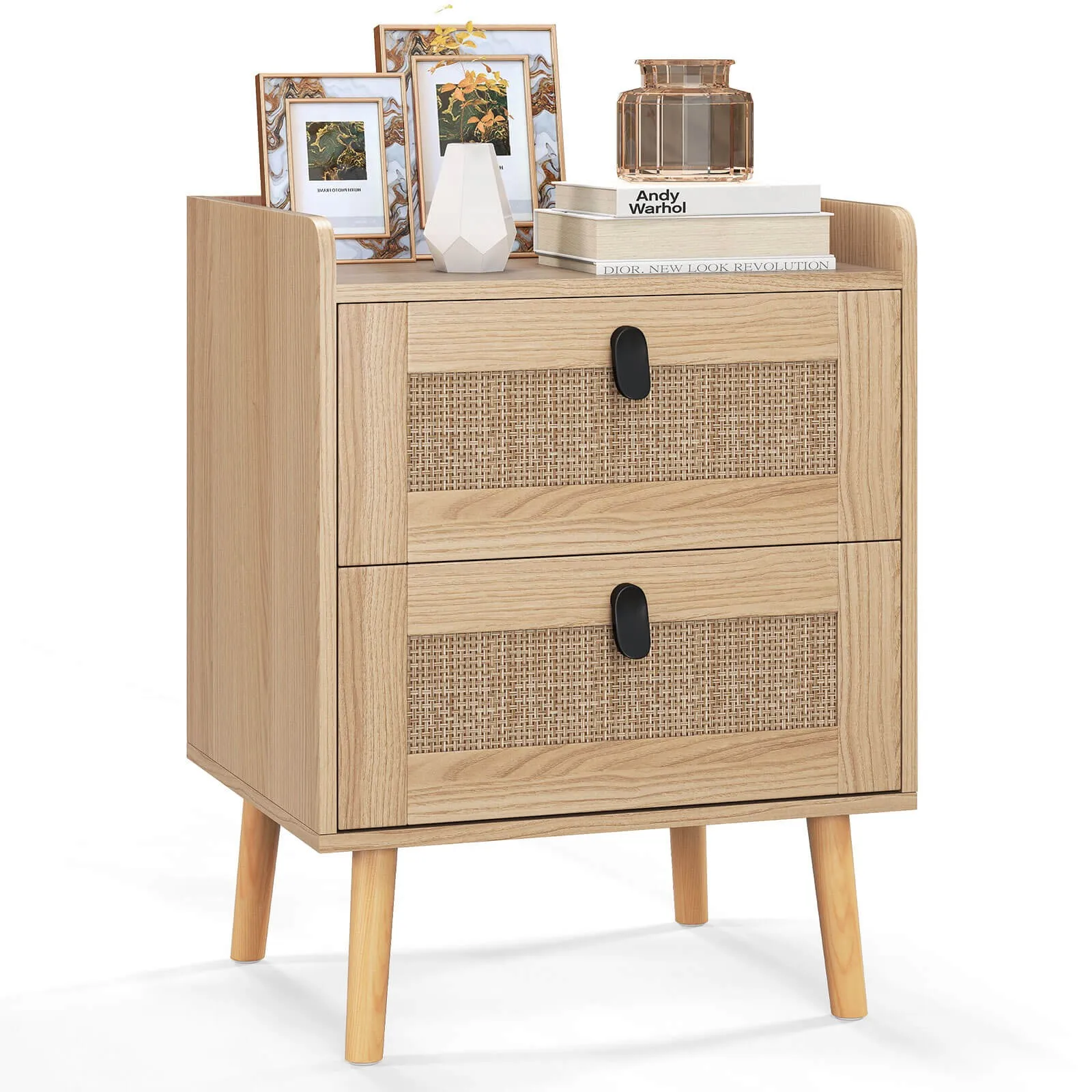 Modern Nightstand End Bedside Table w/ 2 Rattan Drawers & Solid Wood Legs White
Modern Nightstand End Bedside Table w/ 2 Rattan Drawers & Solid Wood Legs White