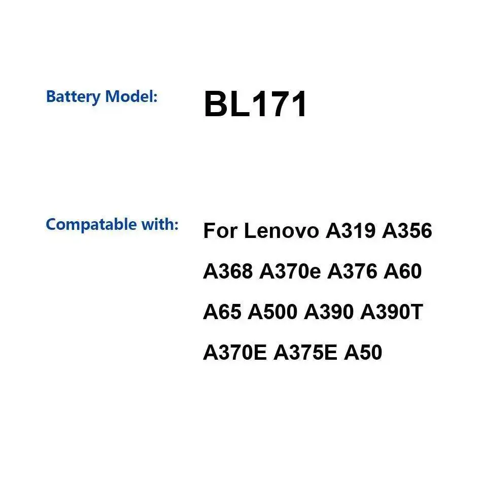 Аккумулятор для мобильного телефона большой емкости 1500 мАч для Lenovo A319 A356 A368 A370e A376 A60 A65 A500 A390 A390T A370E A375E A50 BL171 
Аккумулятор для мобильного телефона большой емкости 1500 мАч для Lenovo A319 A356 A368 A370e A376 A60 A65 A500 A390 A390T A370E A375E A50 BL171