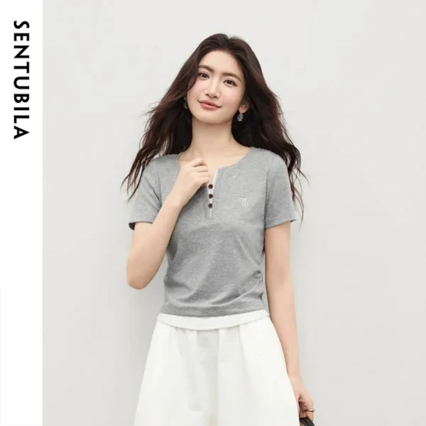 SENTUBILA Women's Color Block Patch Fake 2 Piece Gray T-Shirt Casual Dashed Wooden Button Slim Short Sleeve Top W62TM6551
SENTUBILA Women's Color Block Patch Fake 2 Piece Gray T-Shirt Casual Dashed Wooden Button Slim Short Sleeve Top W62TM6551