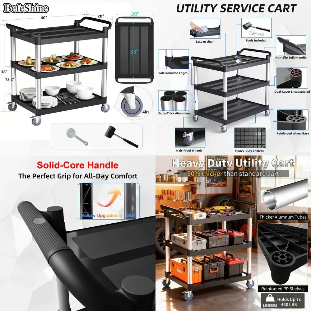 Large 3-Tier Rolling Utility Cart with Heavy Duty 450 lbs Capacity, Suitable for Home, Office, Restaurant, and Warehouse
Large 3-Tier Rolling Utility Cart with Heavy Duty 450 lbs Capacity, Suitable for Home, Office, Restaurant, and Warehouse