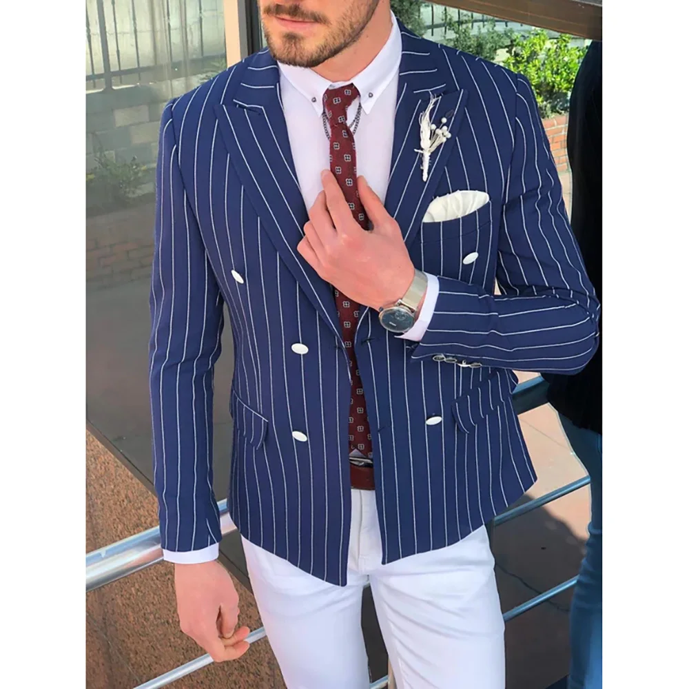 Blue Pinstripe Double Breasted Men's Suits White Pants 2 Piece Luxury Blazer Jacket Smart Casual Full Set Wedding Male Clothing
Blue Pinstripe Double Breasted Men's Suits White Pants 2 Piece Luxury Blazer Jacket Smart Casual Full Set Wedding Male Clothing