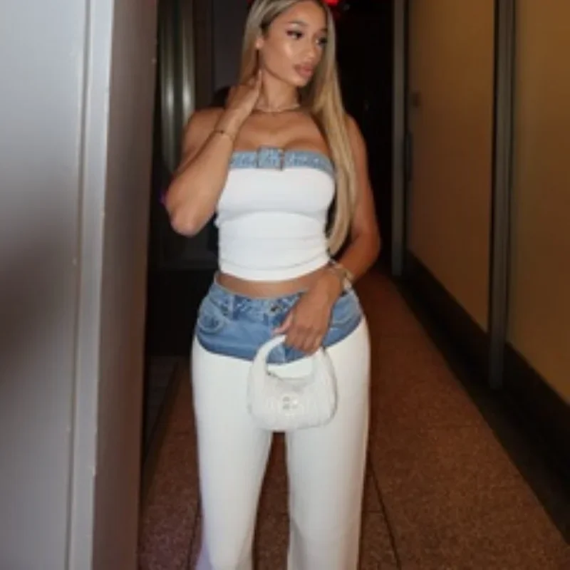 Denim-Knit Patchwork Set Sleeveless Crop Top Matching Low Rise Straight Jeans Elegant Women's Summer New Two Piece Sexy Outfits
Denim-Knit Patchwork Set Sleeveless Crop Top Matching Low Rise Straight Jeans Elegant Women's Summer New Two Piece Sexy Outfits