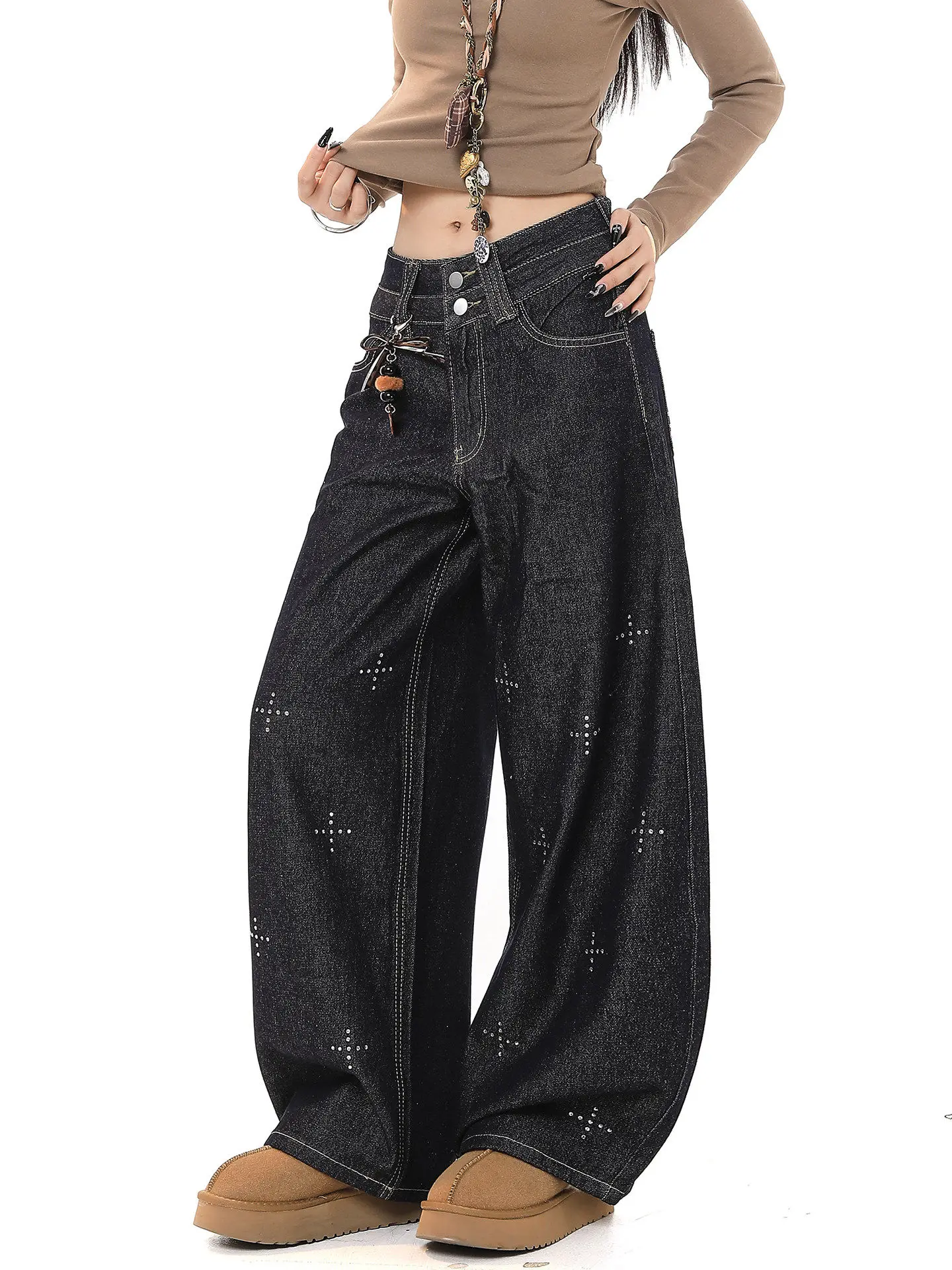 American Style Vintage Rhinestone Cross Denim Jeans Women's Loose Casual Drapey Wide Leg Pants Spring Autumn Loose Feeling
American Style Vintage Rhinestone Cross Denim Jeans Women's Loose Casual Drapey Wide Leg Pants Spring Autumn Loose Feeling