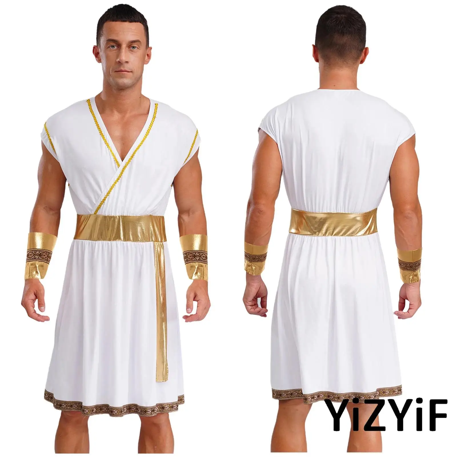 Men Ancient Greek Gladiator Prince Cosplay Costume Sleeveless V Neck Golden Braided Trimming Patchwork Dress Robe with Cuffs Set
Men Ancient Greek Gladiator Prince Cosplay Costume Sleeveless V Neck Golden Braided Trimming Patchwork Dress Robe with Cuffs Set