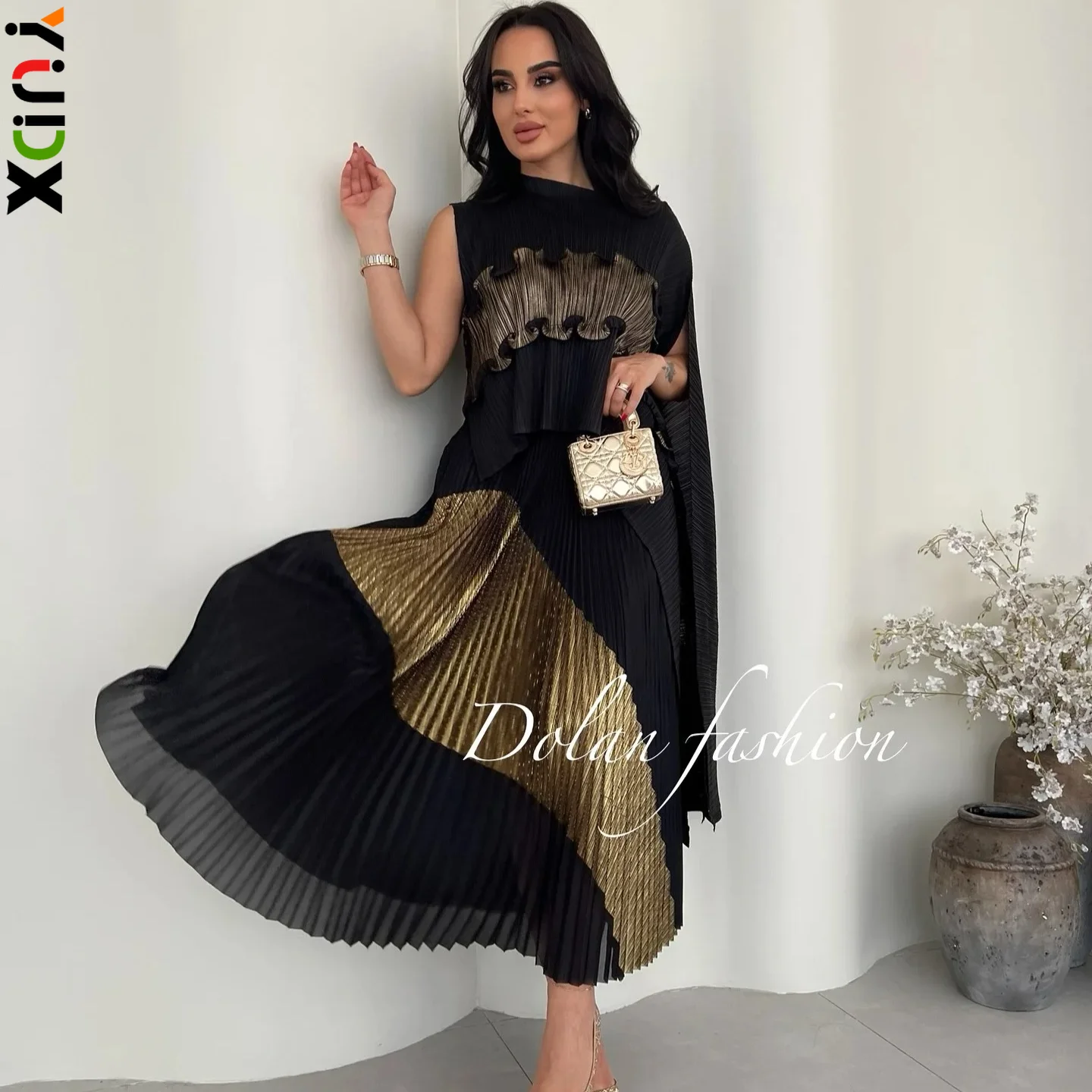 YUDX Miyake Pleated Two Piece Asymmetric Midi Dress Ruffle Hem Trim Loose Fit Chic Elegant Casual Formal Party Set for Women New
YUDX Miyake Pleated Two Piece Asymmetric Midi Dress Ruffle Hem Trim Loose Fit Chic Elegant Casual Formal Party Set for Women New
