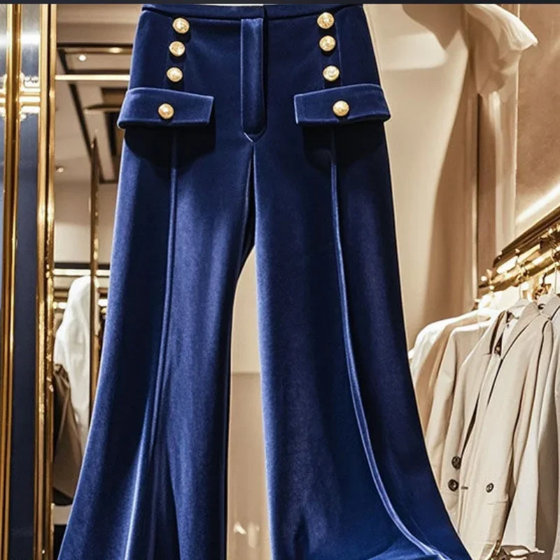 Fashion Wide Leg Flared Pant High Waist Design Button Trousers High End 004A Autumn Winter Blue Velvet Pants for Women
Fashion Wide Leg Flared Pant High Waist Design Button Trousers High End 004A Autumn Winter Blue Velvet Pants for Women