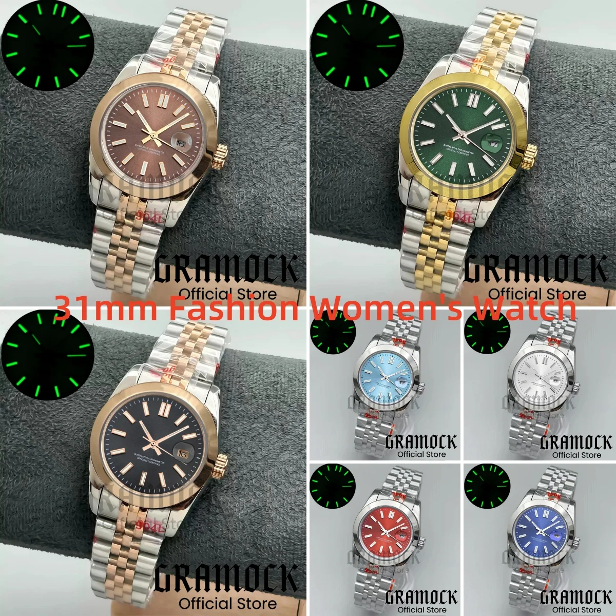 Gramock Lady's Luxury Mechanical NH05 Automatic 31mm Diving Wristwatch Slope Bezel Stick Mark Sunburst Dial Luminous Women Watch
Gramock Lady's Luxury Mechanical NH05 Automatic 31mm Diving Wristwatch Slope Bezel Stick Mark Sunburst Dial Luminous Women Watch