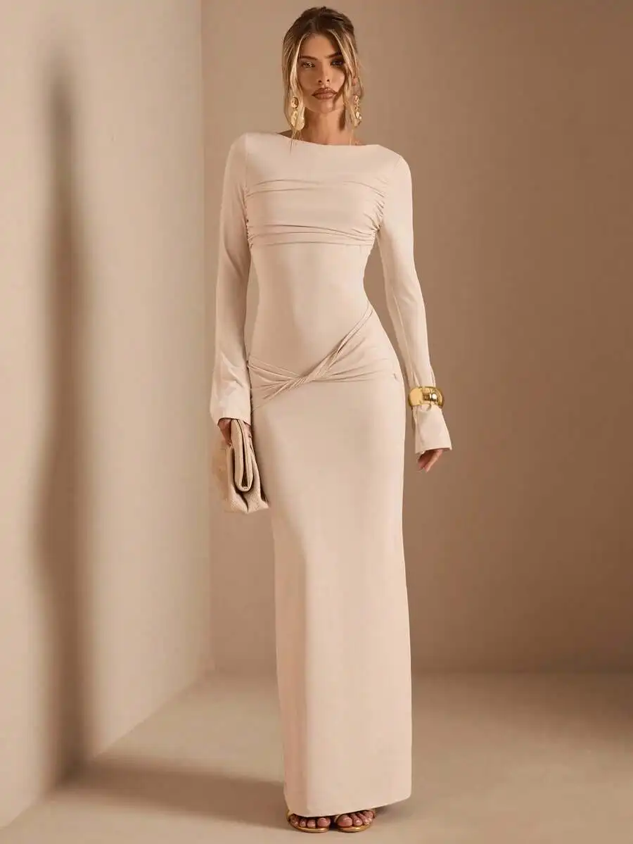 Apricot Long Sleeve Knit Dress with Ruched Waist and Twist Hem
Apricot Long Sleeve Knit Dress with Ruched Waist and Twist Hem