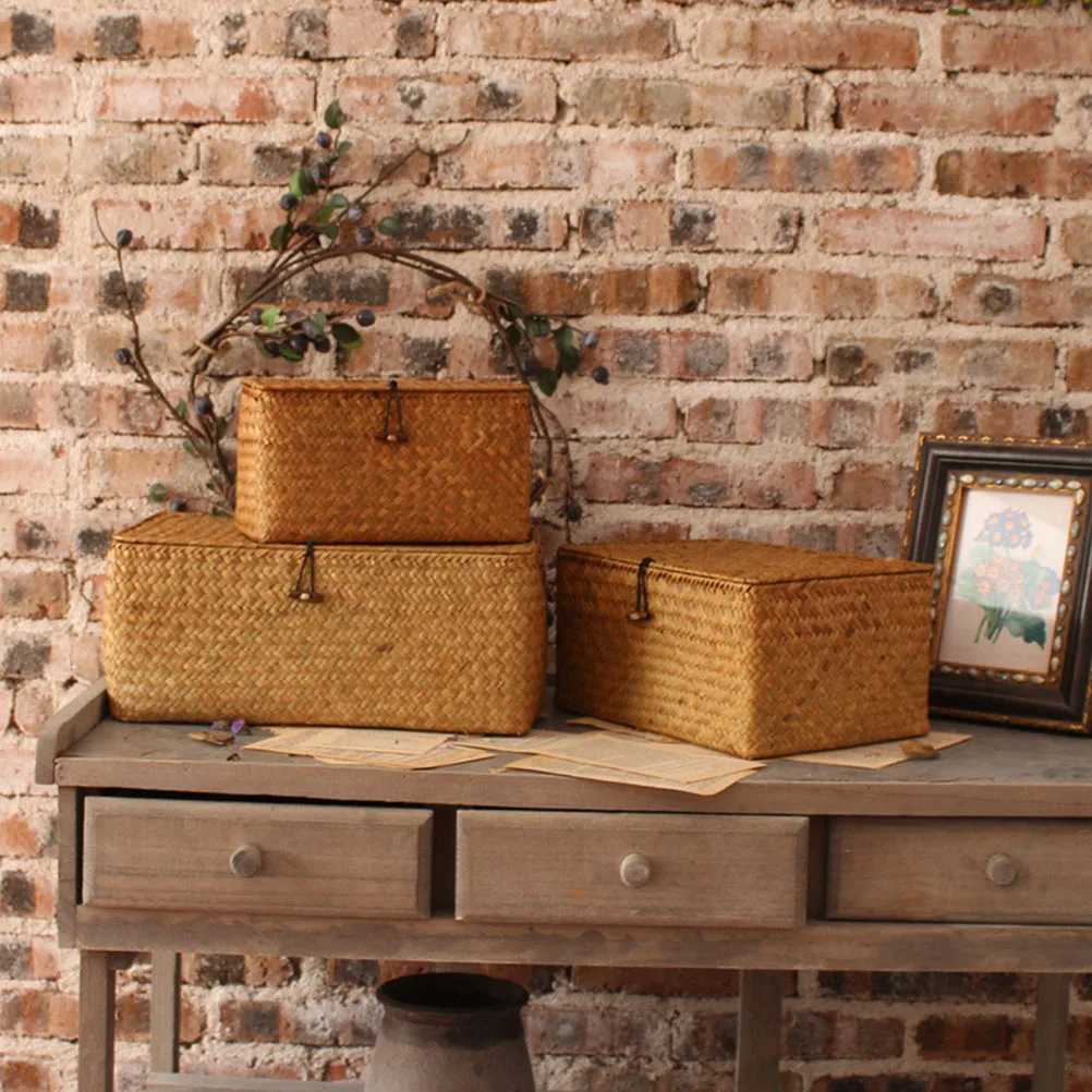 Woven Basket Storage Box with Lid 3 Pcs Seagrass Handmade Containers for Stationery Toy Organizer Decorative Baskets Boxes
Woven Basket Storage Box with Lid 3 Pcs Seagrass Handmade Containers for Stationery Toy Organizer Decorative Baskets Boxes