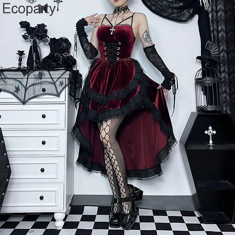 2023 Vintage Lace Patchwork Gothic Dress Women Harajuku High Waist Velvet Irregular Skirt Hem Maxi Sexy Bodycon Dresses Vestidos
2023 Vintage Lace Patchwork Gothic Dress Women Harajuku High Waist Velvet Irregular Skirt Hem Maxi Sexy Bodycon Dresses Vestidos