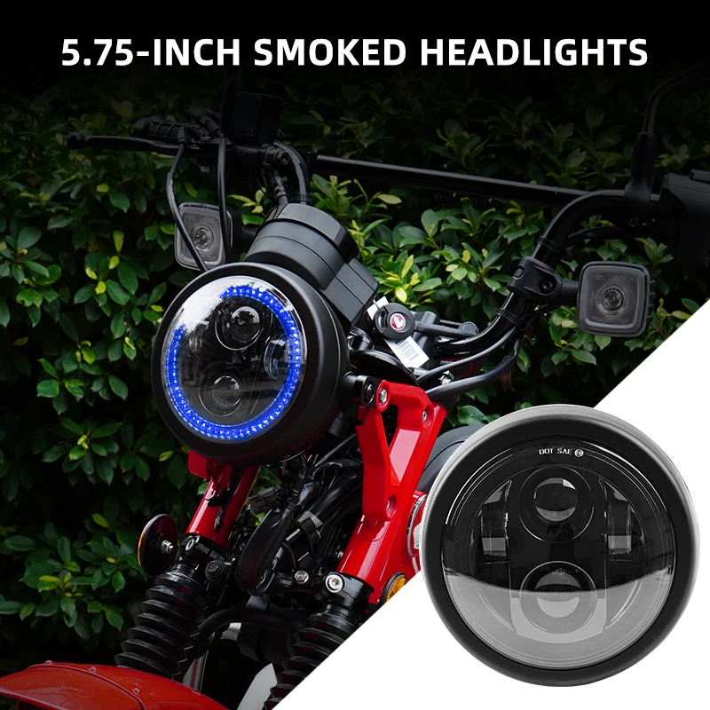 5.75-Inch Smoked LED Headlight with Blue Halo DRL for Honda Hunter Cub CT125 JA65 – Hi/Lo Beam
5.75-Inch Smoked LED Headlight with Blue Halo DRL for Honda Hunter Cub CT125 JA65 – Hi/Lo Beam