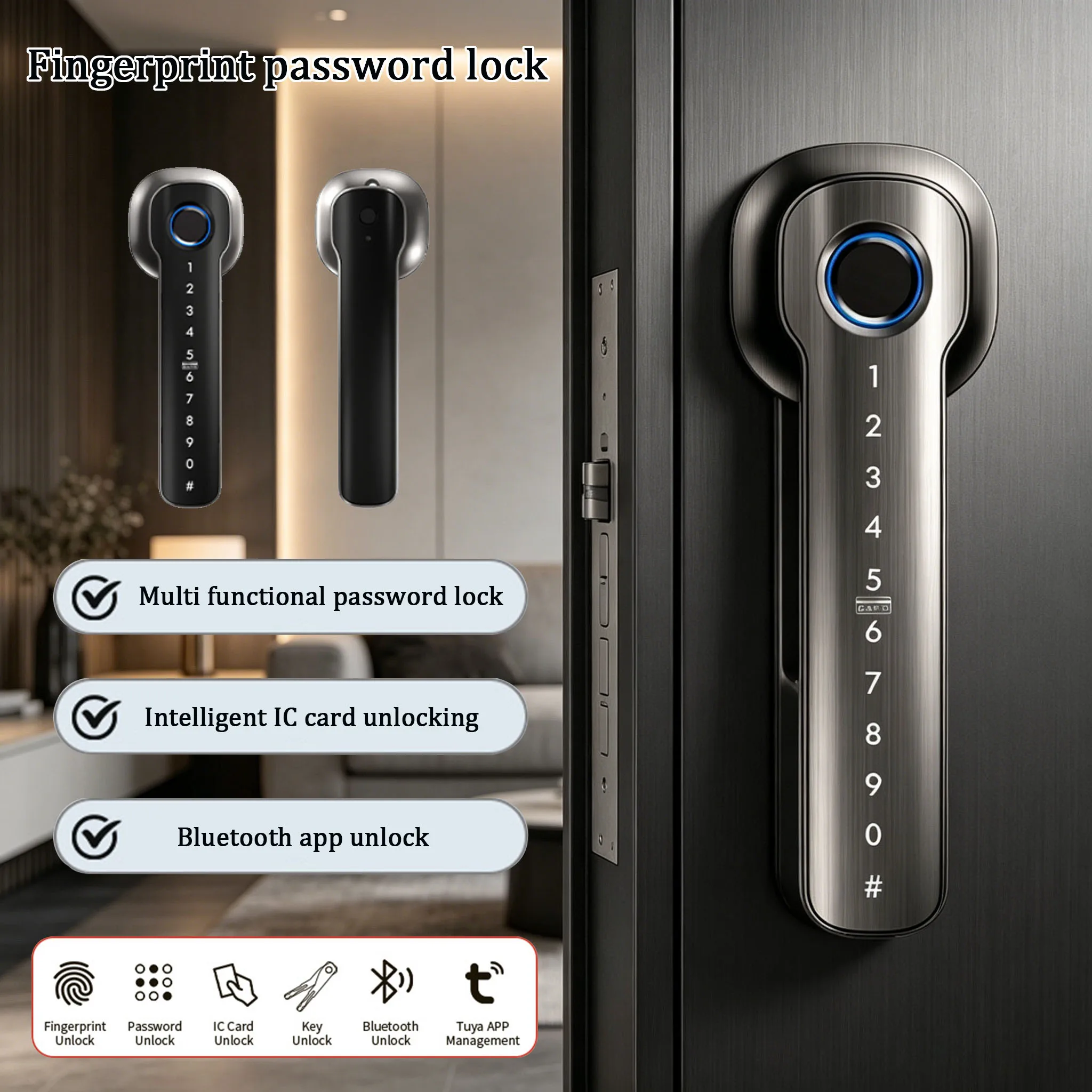Smart Door Lock Fingerprint/ Password/ Key/ Card/ BT/ APP Unlocking Biometric Security Gate Lock for 35-55mm Thickness Door
Smart Door Lock Fingerprint/ Password/ Key/ Card/ BT/ APP Unlocking Biometric Security Gate Lock for 35-55mm Thickness Door