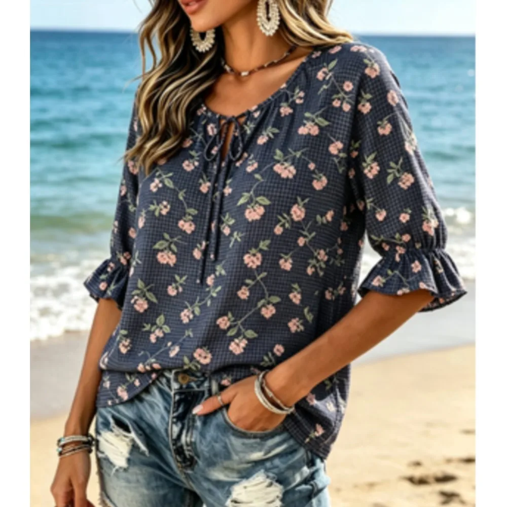 Women's Gingham Floral Print Tie Neck Blouse, Ruffle Half Sleeve Cozy Casual Top for Countryside Summer Daily Wear
Women's Gingham Floral Print Tie Neck Blouse, Ruffle Half Sleeve Cozy Casual Top for Countryside Summer Daily Wear
