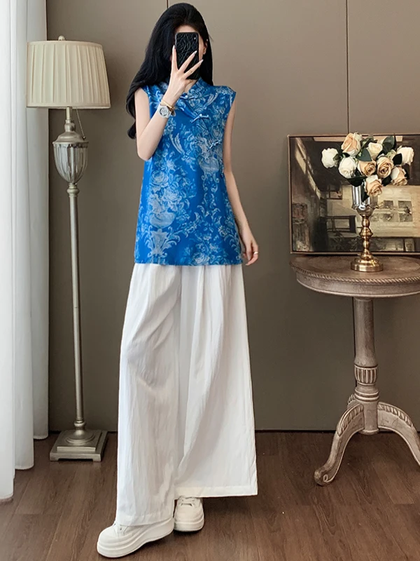 Fashionable 2026 Summer Outfit Women's High-End New Chinese Style Sleeveless Top White Wide Leg Pants Two-Piece Set
Fashionable 2026 Summer Outfit Women's High-End New Chinese Style Sleeveless Top White Wide Leg Pants Two-Piece Set